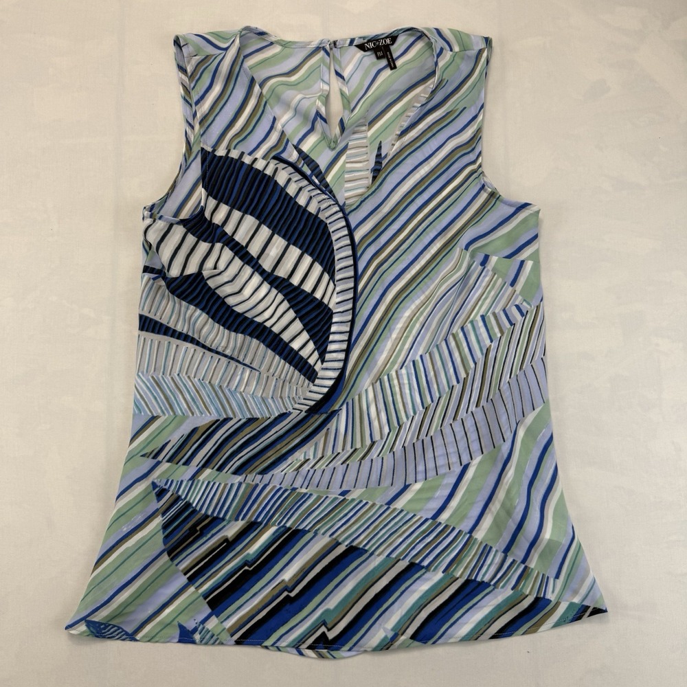 NIC+ZOE Women's PM Petite Sleeveless Blouse Blue Green Abstract Stripe V Neck